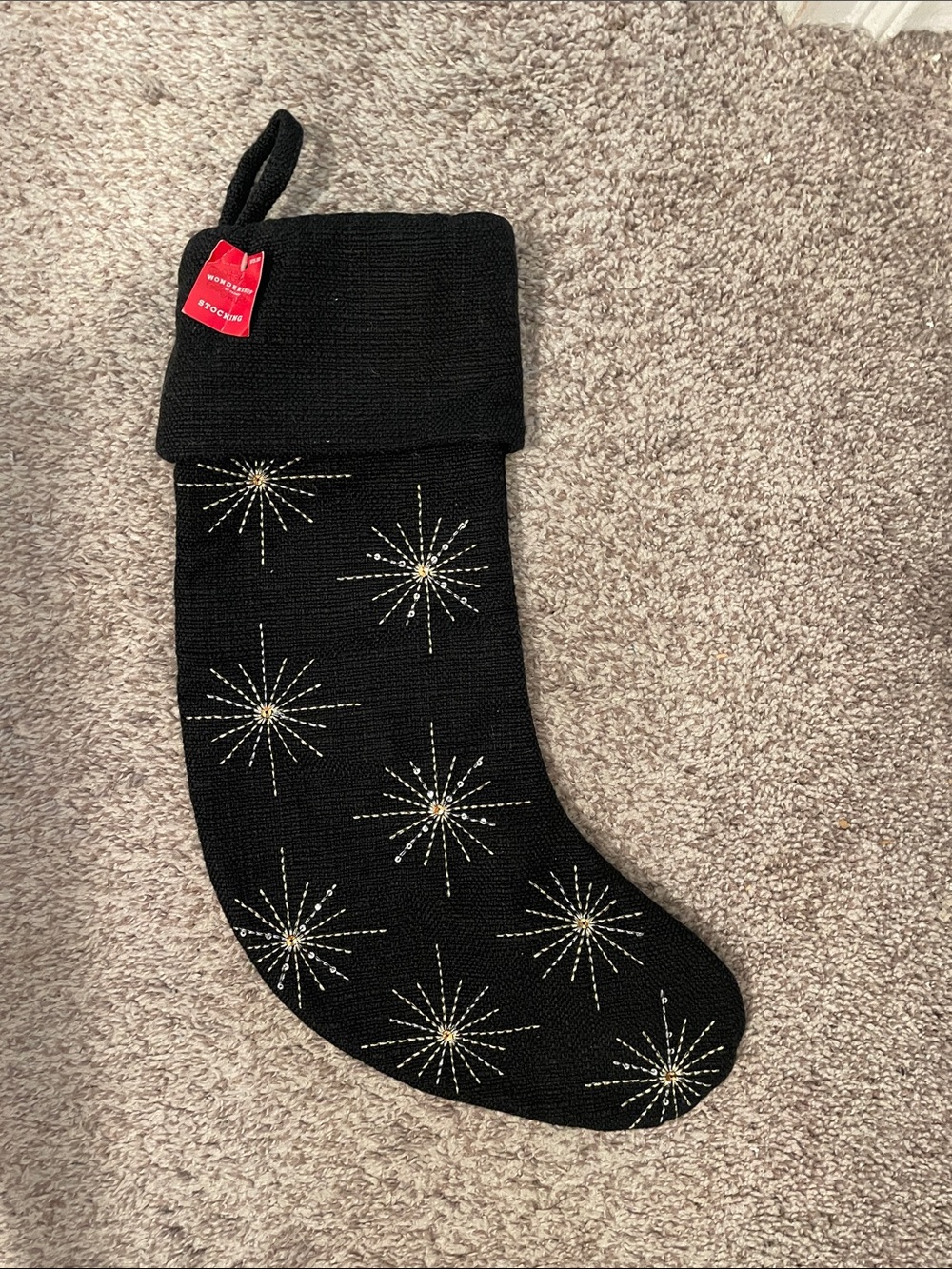Wonder shop target Black Holiday Stocking with Gold Starburst Embellishments nwt
